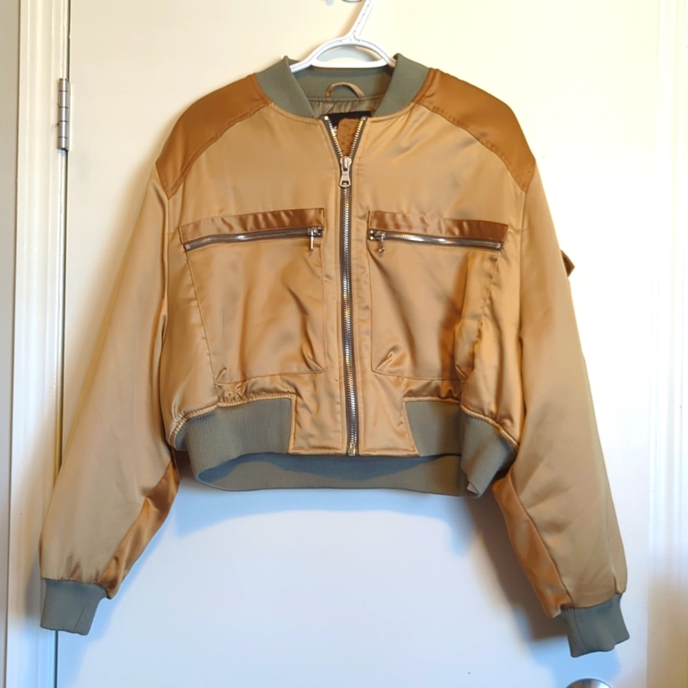 Zara Tan and Olive Green Cropped Bomber Jacket